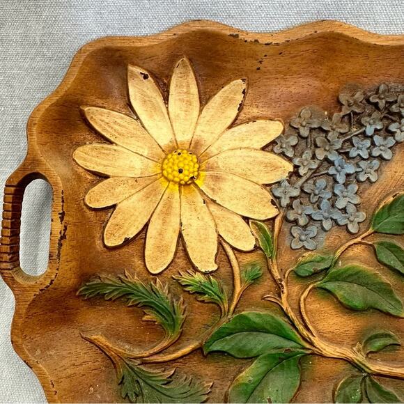 Vintage MCM scalloped wood look serving tray with raised painted floral pattern - Picture 5 of 16